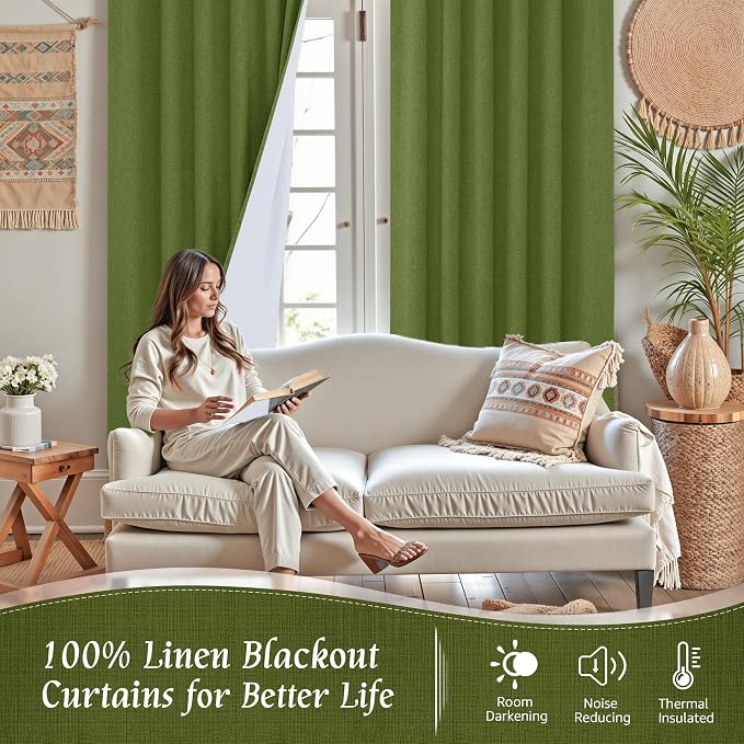 Sage Green 100% Blackout Linen Curtains 80 Inch - Image 2