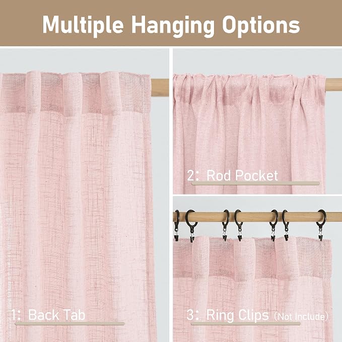 Pink Linen Curtains for Living Room 96 Inch, Light Filtering Panels | Semi Sheer - Image 3