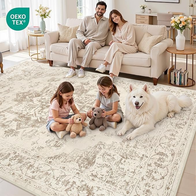 8x10 Area Rugs Living Room: Bedroom Washable Carpet Beige/Ivory | Vintage Boho - Image 7