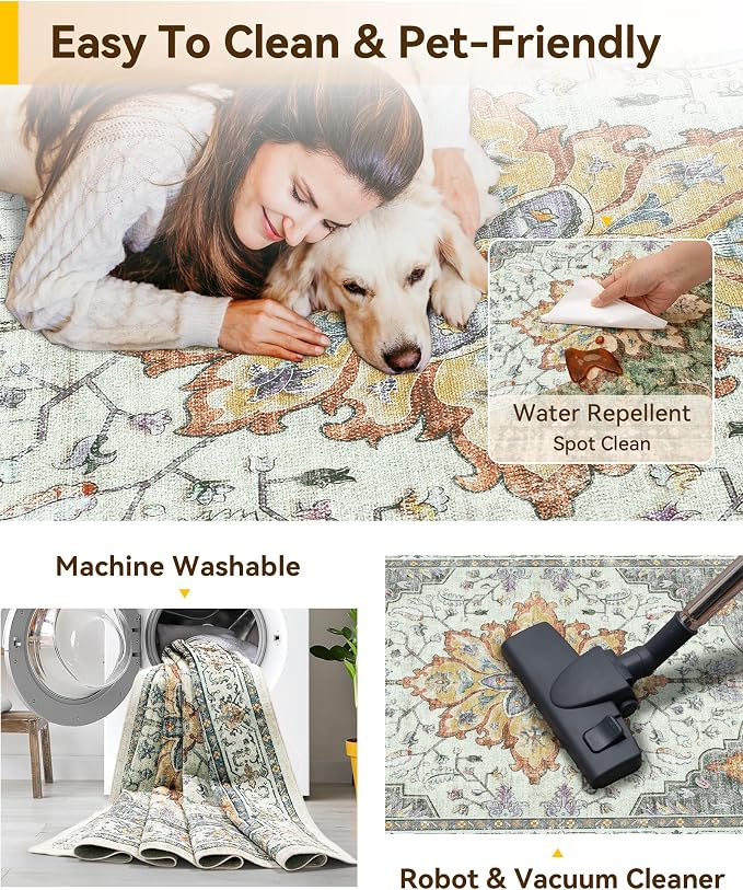 RELEANY Washable Area Rug, Small 2'x4', Water Repellent, Pet Friendly, Vintage - Image 4