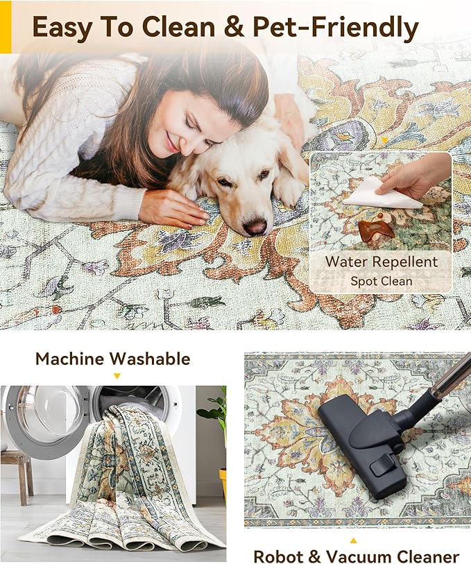 RELEANY Washable Area Rug, Water Repellent, Pet Friendly, Vintage Floral Boho - Image 4