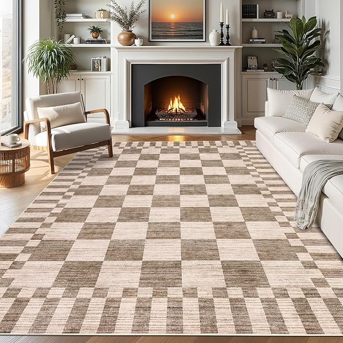 GarveeHome 8x10 Area Rugs Geometric Washable Modern Brown Checkered Rug | by GarveeHome