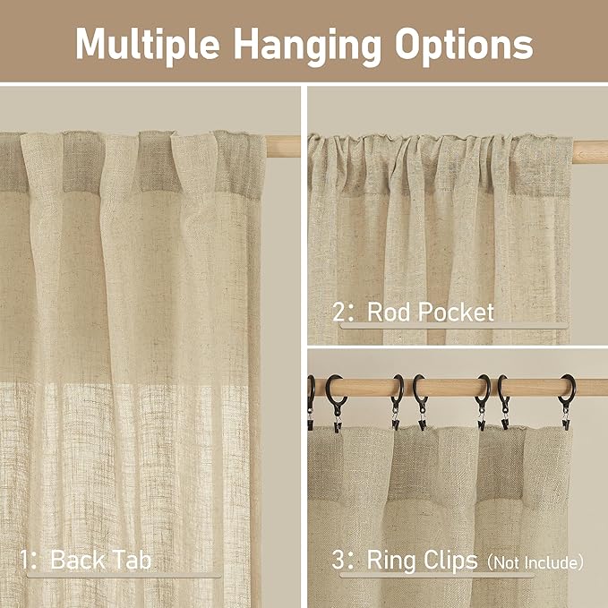 30 Inch Cafe Linen Curtains for Kitchen Window Over Silk 2 Panels | Semi Sheer - Image 3