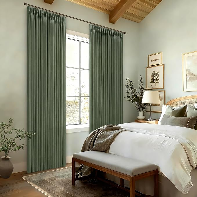 96 Inches Linen Pleated Semi Sheer Privacy Dark Green Loden Curtains 50x96 | - Image 8