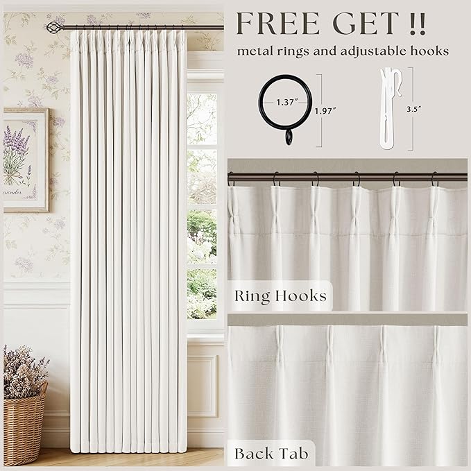 Pinch Pleated Blackout 102 Inch Bedroom Curtains Ivory Linen Dual Layer | - Image 4