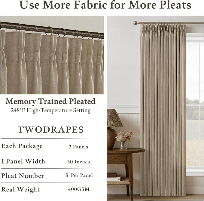 Camel Tan 105 Inch Linen Pinch Pleat Semi Sheer Curtains 50Wx105L 2 Panels | - Image 3