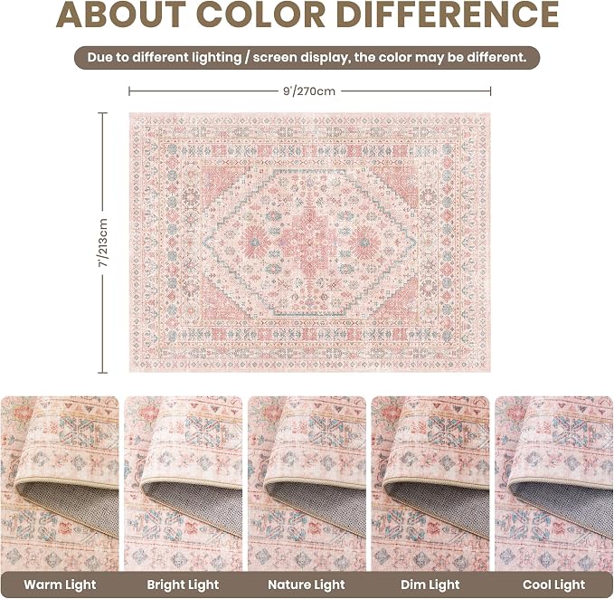 Pink Rugs for Bedroom-7x9 Area Rugs for Living Room, Girls Room | Washable Rugs - Image 2
