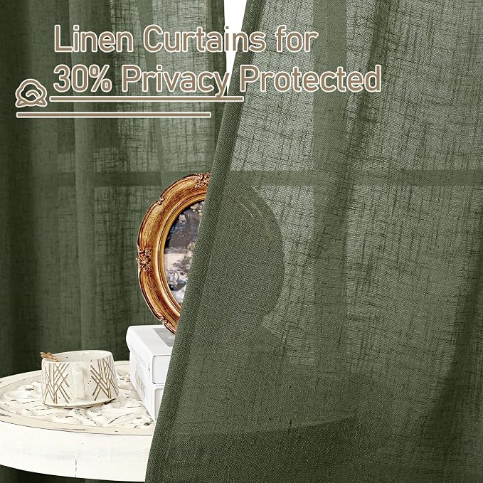 Linen Semi Sheer Curtains 96 inches Long 2 Panels Set, Olive Green | Light - Image 5