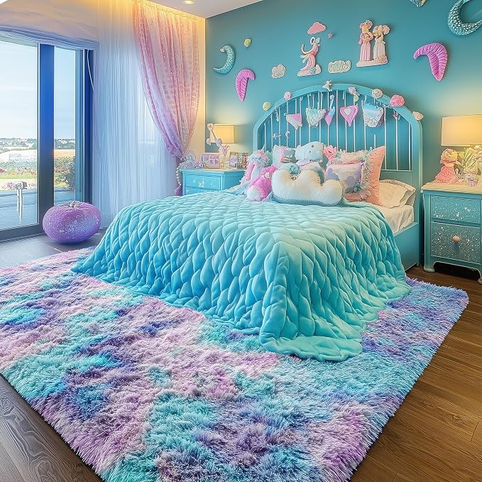 Plush Rainbow Mermaid Rugs for Bedroom Girls, 6x9 Soft Purple Shag Area Rugs - Image 5