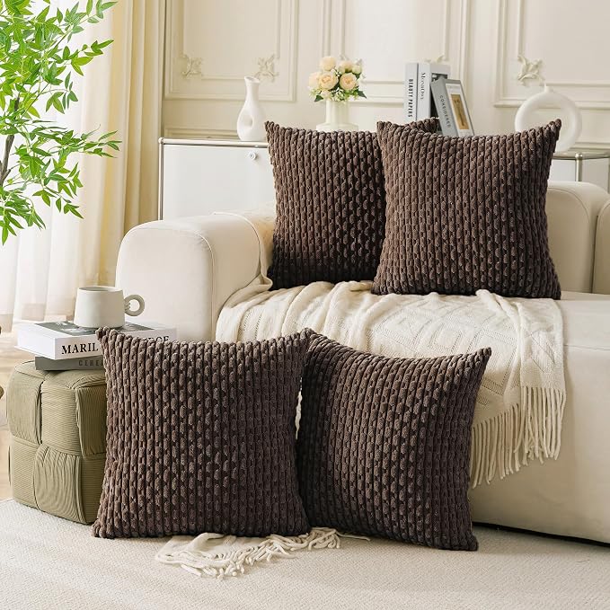 Set of 4 Dark Brown Decorative Throw Pillow Covers 22x22 Inch Corduroy Pillow by Cozoomy