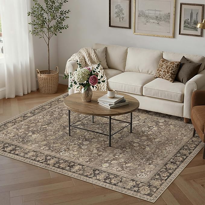 5x7 Washable Area Rug for Living Room | Brown Vintage Floral, Thick Mid Pile by HUGEAR