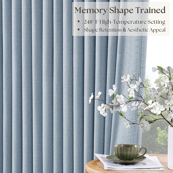 120 Inch 100% Blackout Pinch Pleated Linen Curtains Light Blue - Image 2